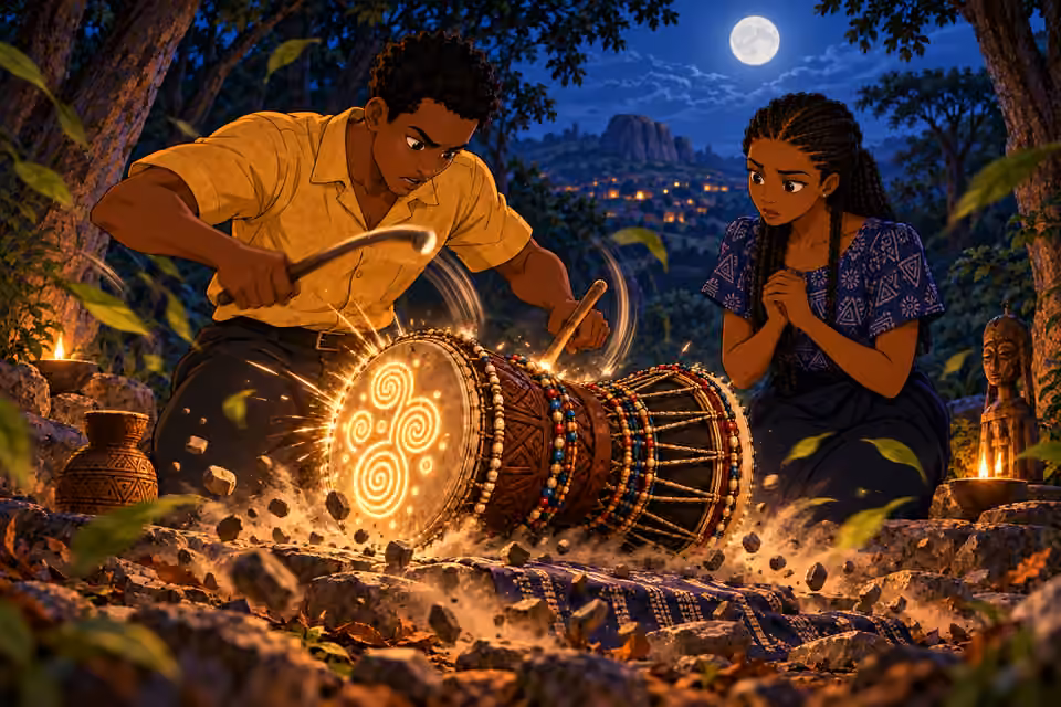 The drum’s glowing markings intensify as the ground trembles.