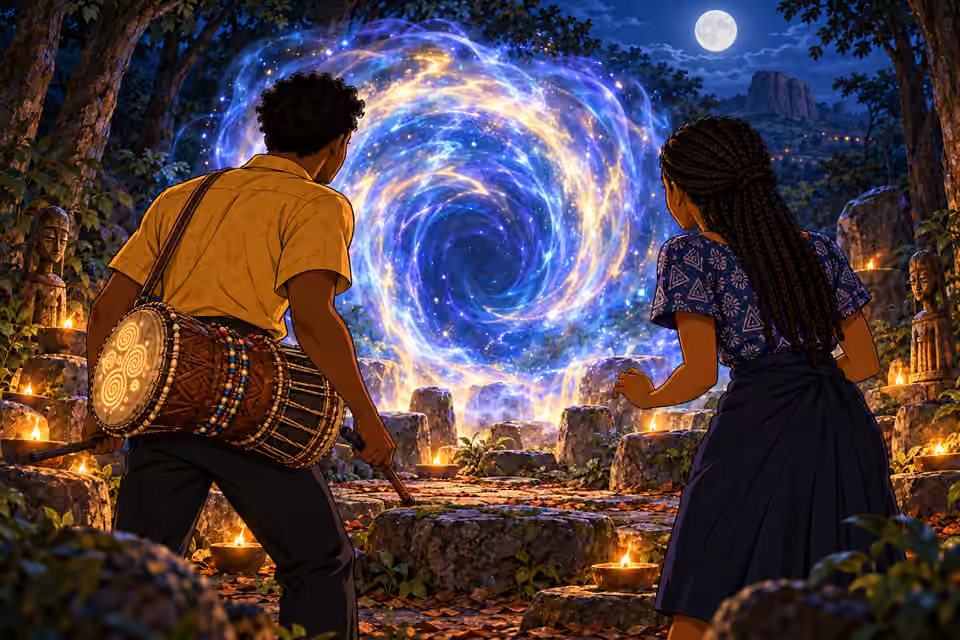 A swirling gateway opens before Ayo and Ifáyemi.