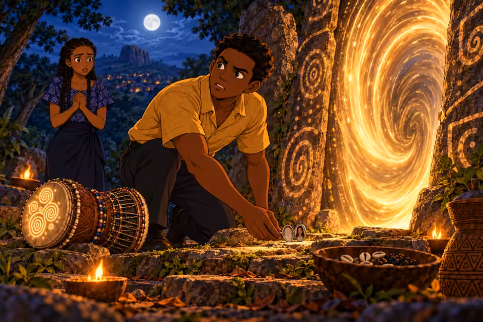 Ayo places the silver locket at the foot of the gateway.