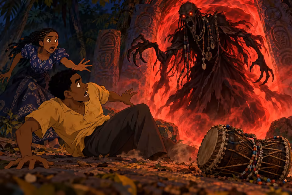 Cartoon illustration of Ayo and Ifáyemi recoiling as a skeletal shadow guardian emerges from a red gateway in a forest clearing.