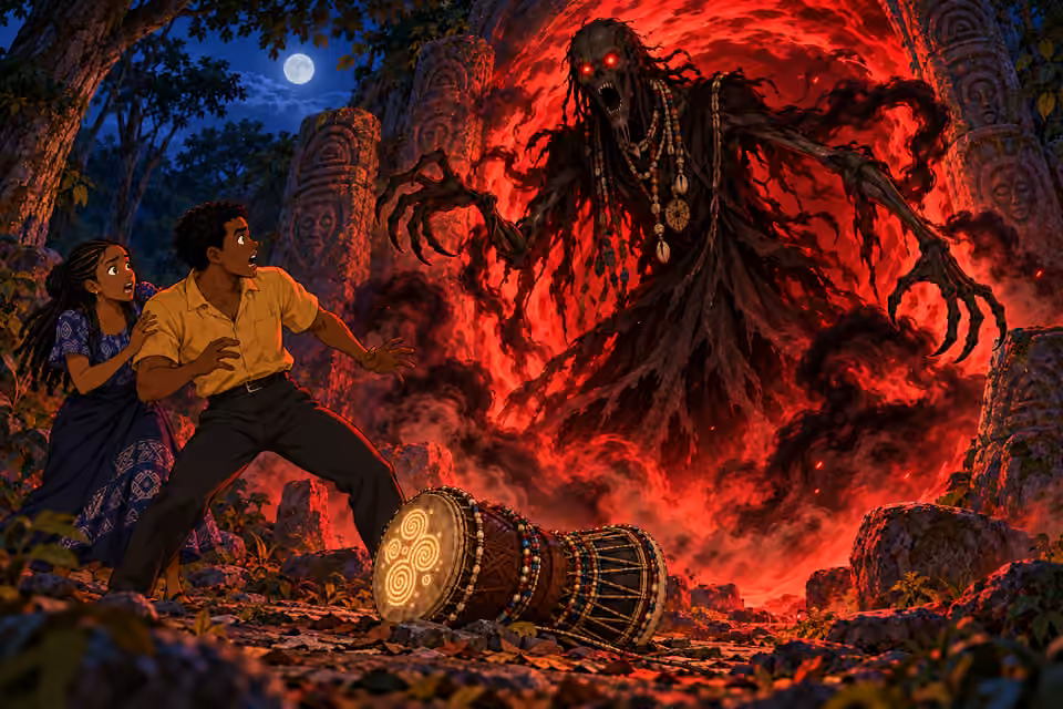 A skeletal guardian emerges from the red gateway.
