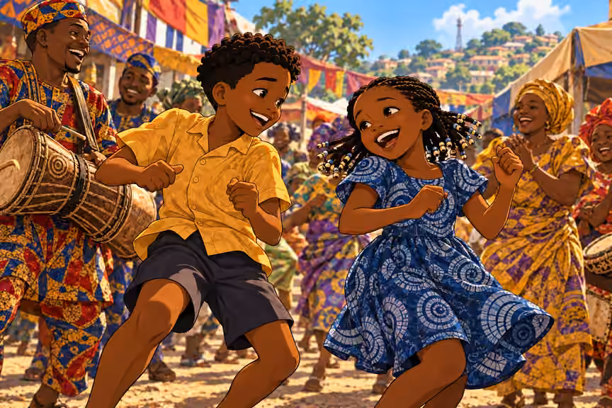 Young Ayo and Abisola dance joyfully at an Ibadan festival.