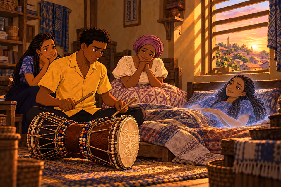Ayo begins a gentle rhythm beside his recovering sister.