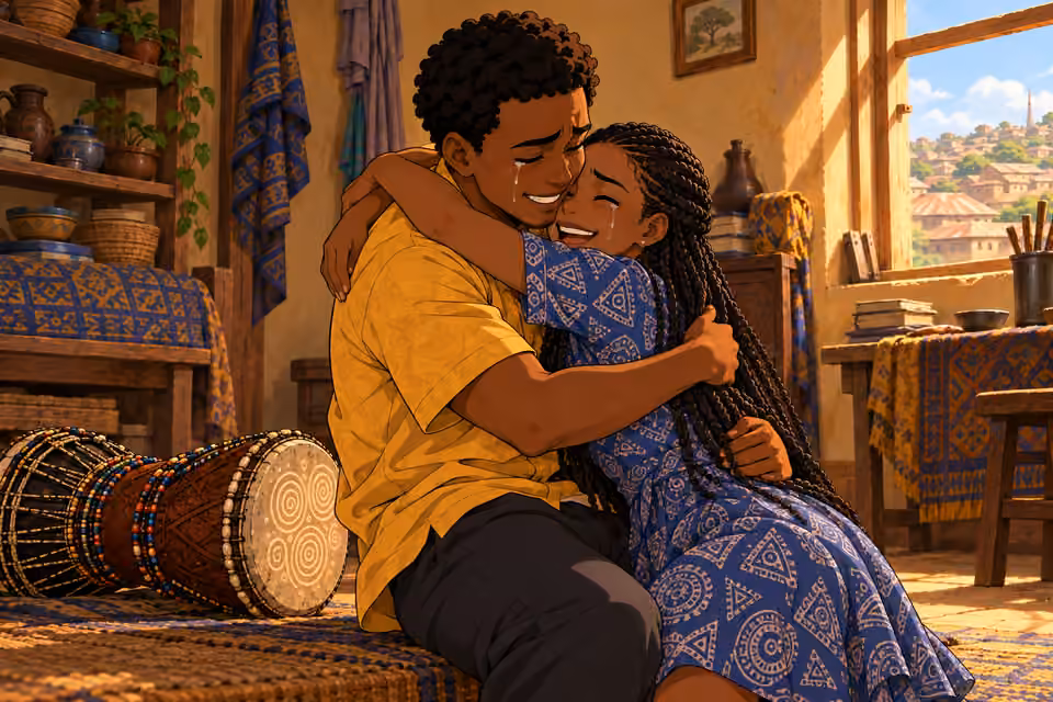 Ayo embraces his fully restored sister.
