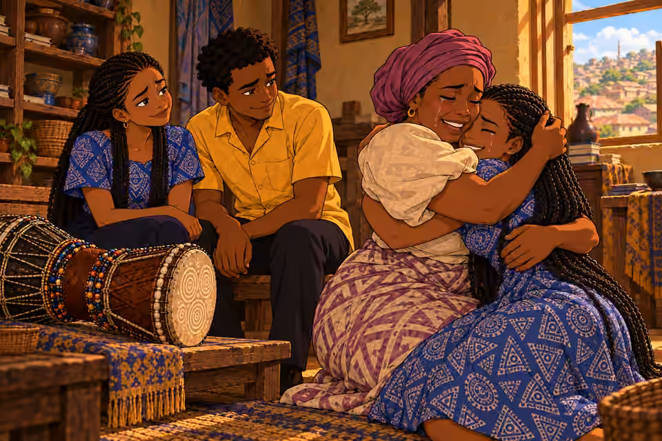 Mama Ronke embraces Abisola while Ifáyemi smiles at Ayo.