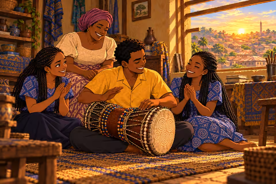 Golden sunrise lights the family’s joyful reunion in Ibadan.