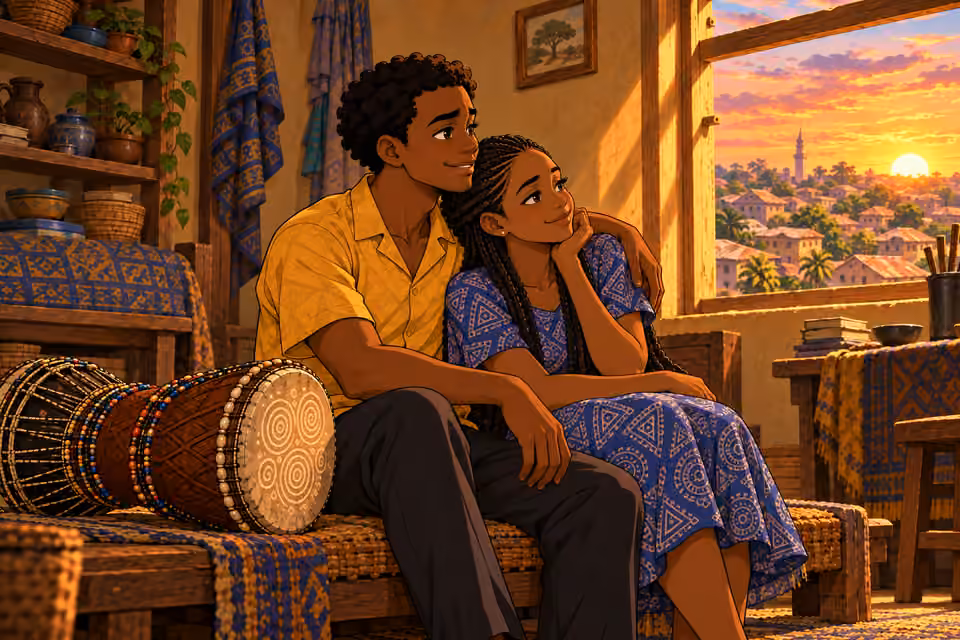 Ayo and Abisola share a peaceful moment beside the Batá.