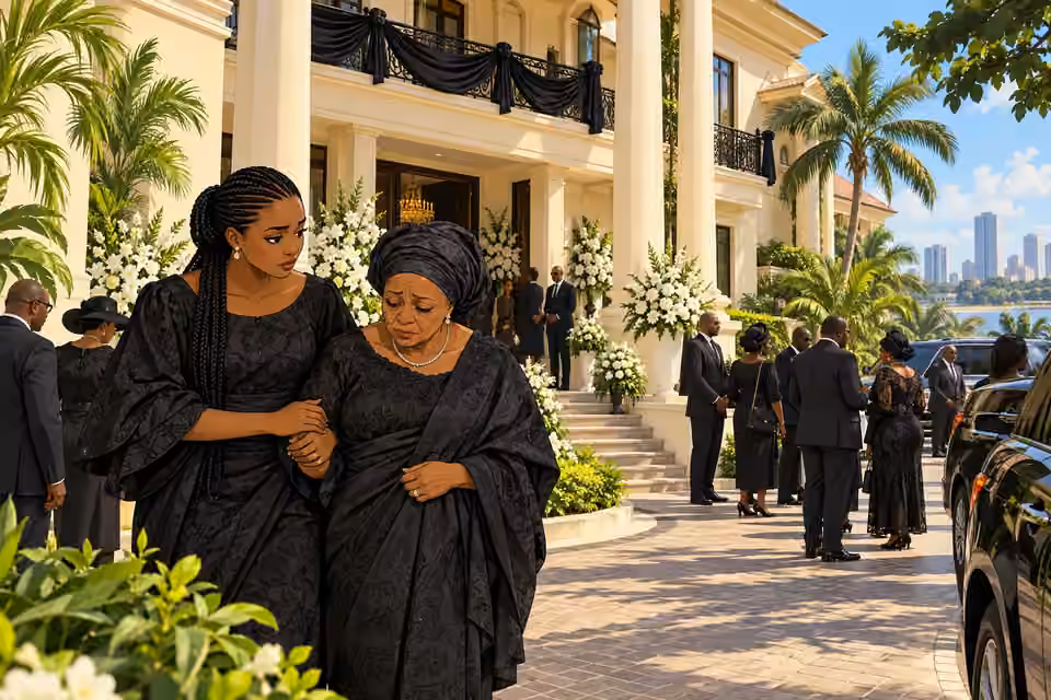 Oritoke supports her grieving mother outside the Adedayo mansion as funeral guests arrive.