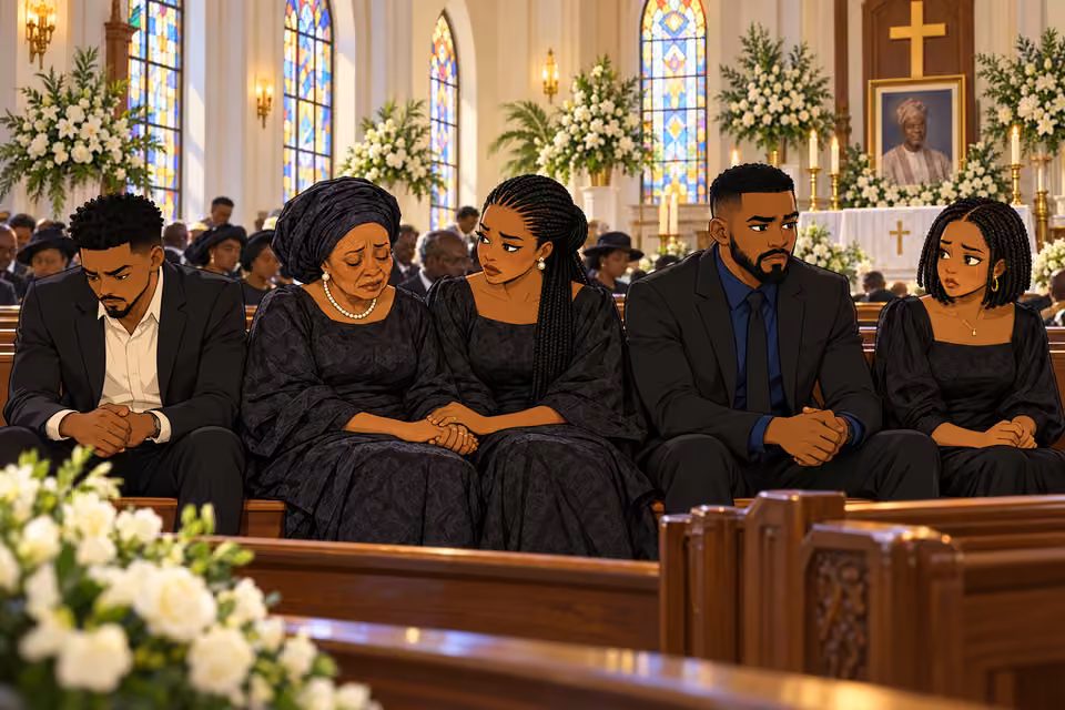 The Adedayo family mourns in the front pew