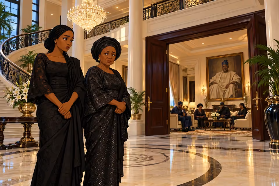 Oritoke and Grace stand in the mansion's grand marble foyer while relatives wait in silence.