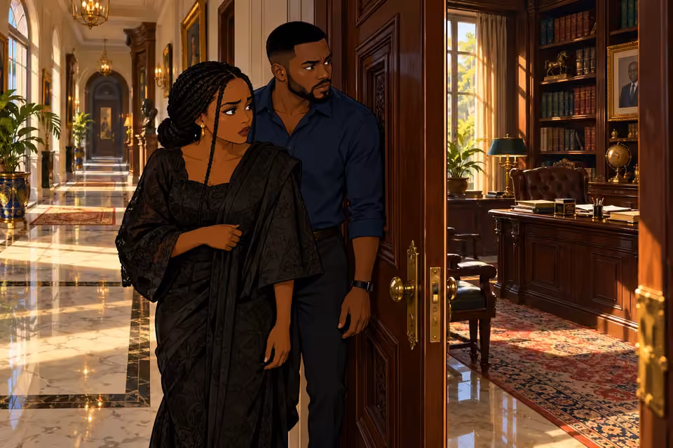 Oritoke and Bayo pause outside their father's private study in a shadowed mansion hallway.