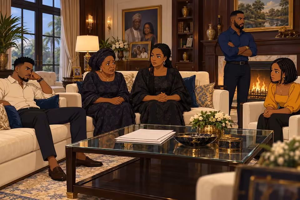 The Adedayo family sit far apart in a tense living-room gathering.