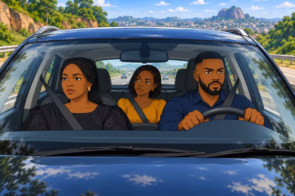 Bayo drives toward Ibadan with Oritoke beside him and Ife observing from the back seat.