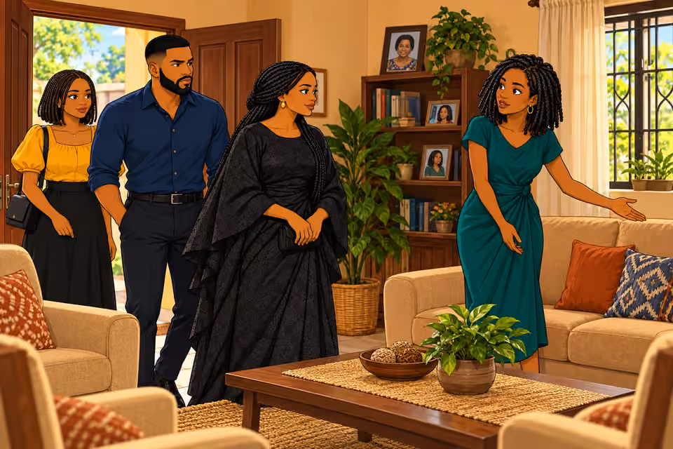 Folake welcomes them to her living room