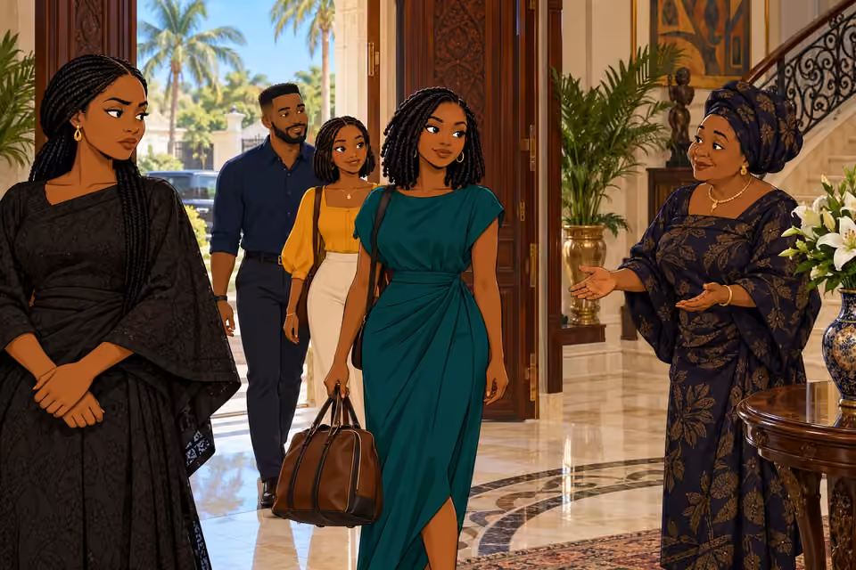 Folake arrives at the Adedayo mansion while Oritoke watches her cautiously.