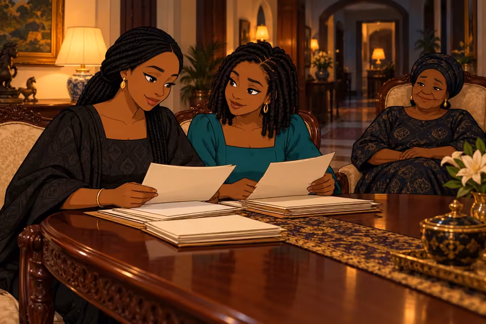 Oritoke and Folake review family papers together as Grace watches with relief.