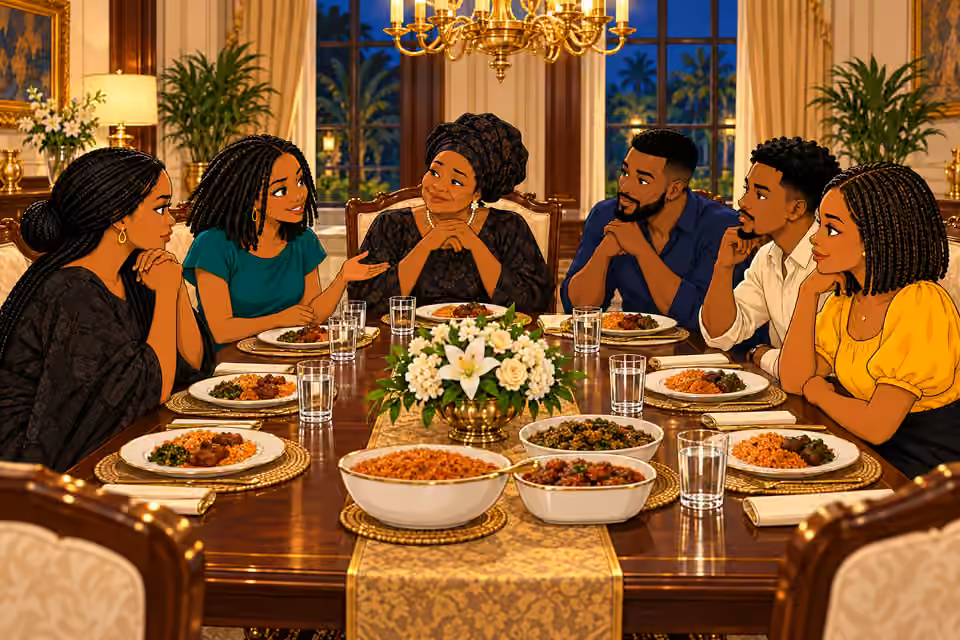 Folake speaks hopefully at dinner.