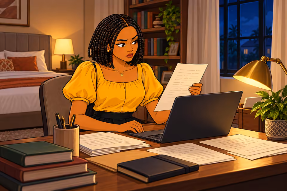 Ife studies the family documents late at night.