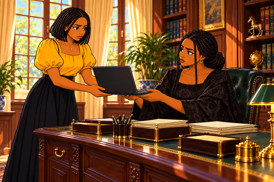 Ife hands over the laptop.