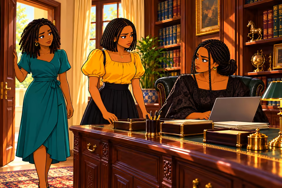 Folake enters the tense study.