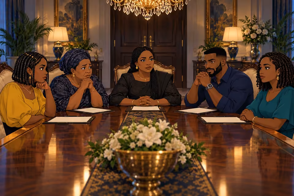 Oritoke leads a tense meeting at the head of the family's dining table.