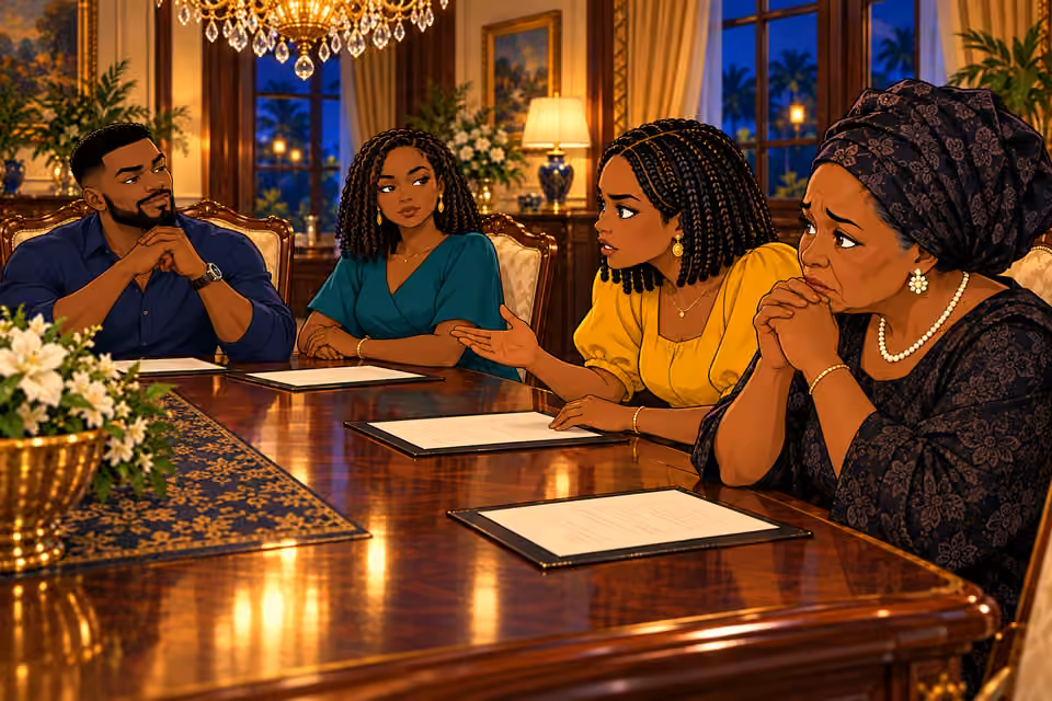The family gathers for a tense meeting.