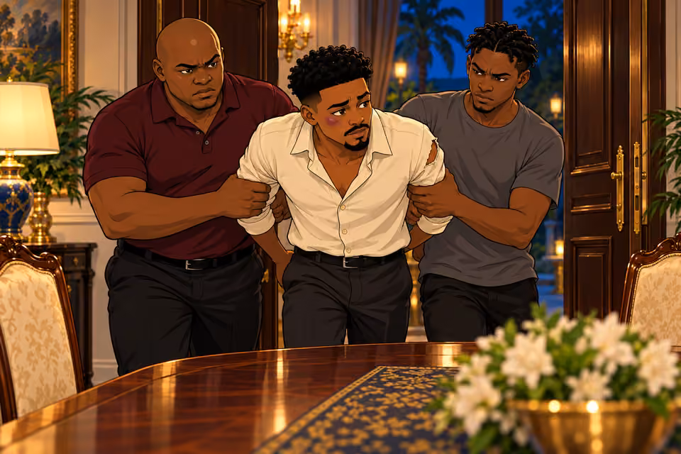 Two gang members force Tosin into the room.