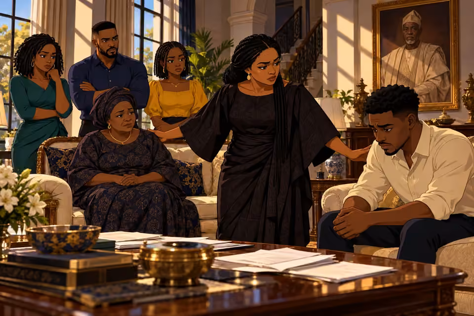 Oritoke stands protectively among her relatives and speaks with a troubled Tosin.