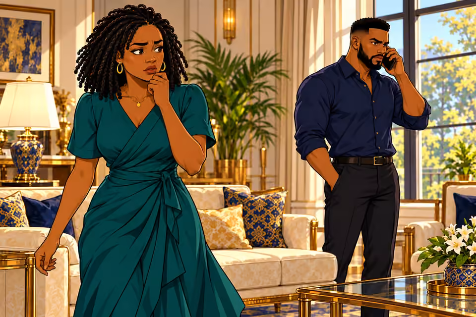 Folake watches Bayo make a tense call.
