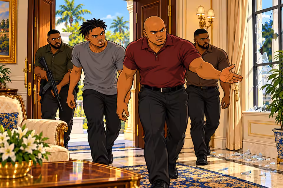 Armed intruders burst into the mansion.