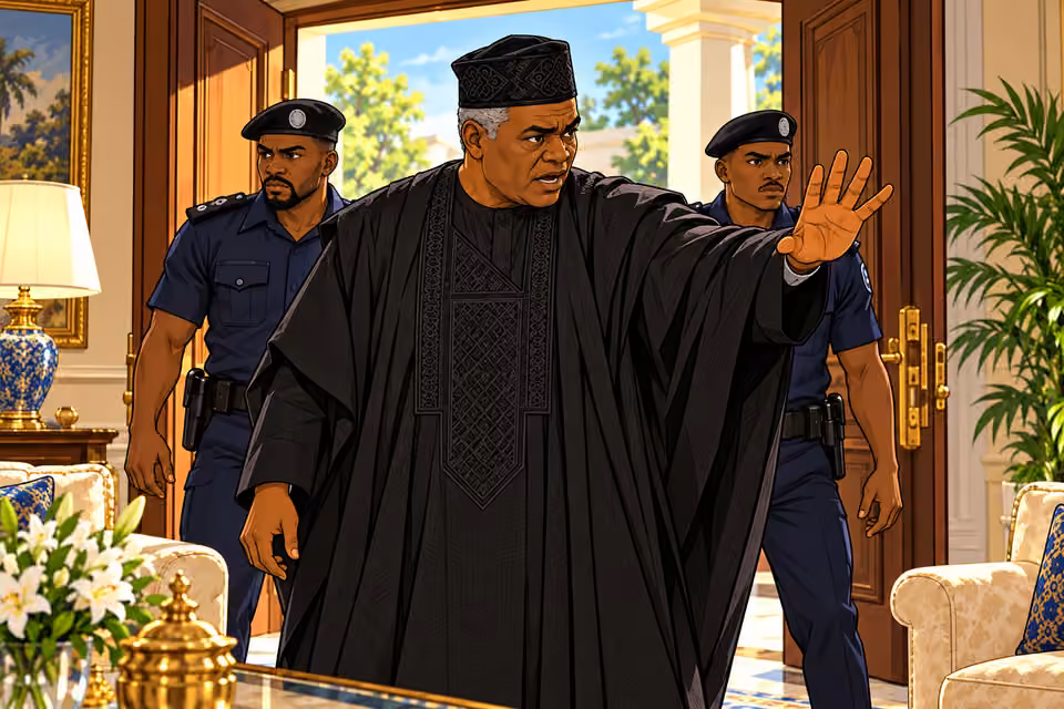 Adewale arrives with police officers.