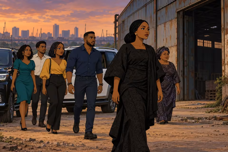 Oritoke leads her family from two cars toward an abandoned warehouse.