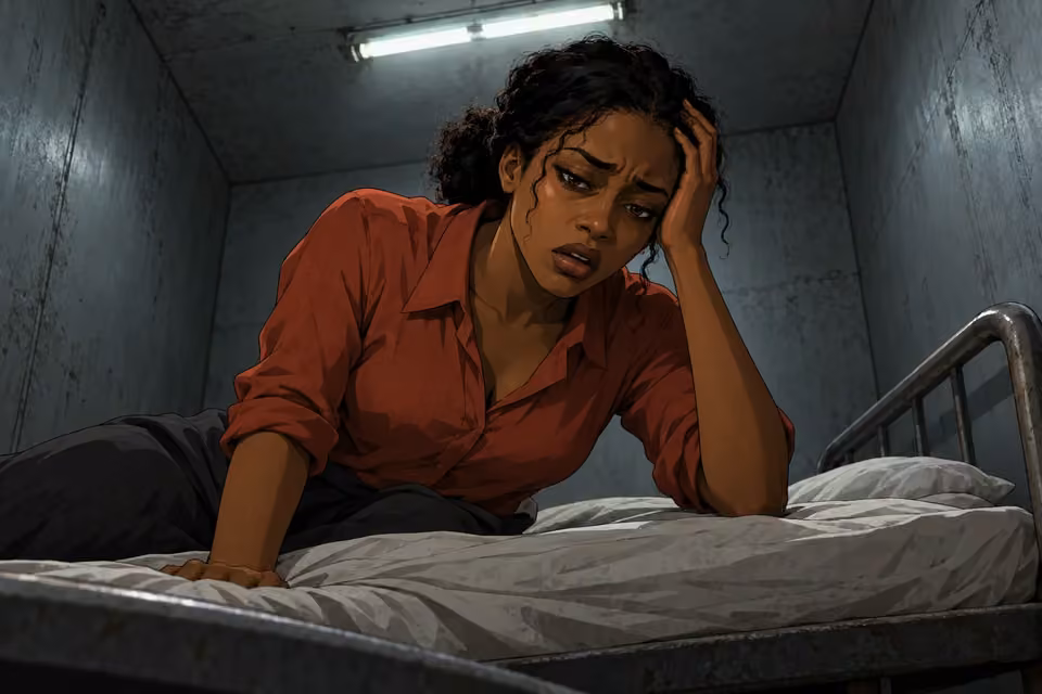 Kemi painfully awakens on a narrow bare bed, one elbow barely supporting her, one hand against her throbbing temple; heavy eyelids, weakness and panic. Flickering fluorescent light overhead casts hard broken shadows. Sterile gray windowless room.
