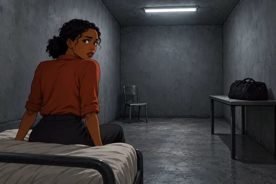 she turns her head anxiously to inspect a gray windowless room. A simple metal chair occupies one corner, a plain table with one black duffel bag another. Claustrophobic unadorned walls and stark fluorescent ceiling light. Emphasize lonely geography and her disorientation.