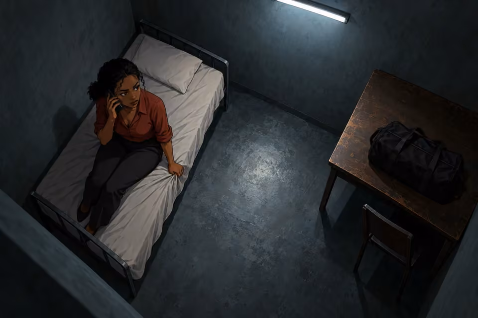 Kemi is a small trapped figure on a narrow bed within the stark rectangular windowless room, phone to ear listening to instructions, the table and closed black duffel looming diagonally opposite. Her spine stiff, free hand gripping bedsheet, expression wary. A thin cold pool of fluorescent light isolates her. No market or target shown yet.