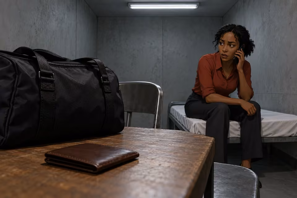 The caller directs Kemi toward a wallet and duffel bag.