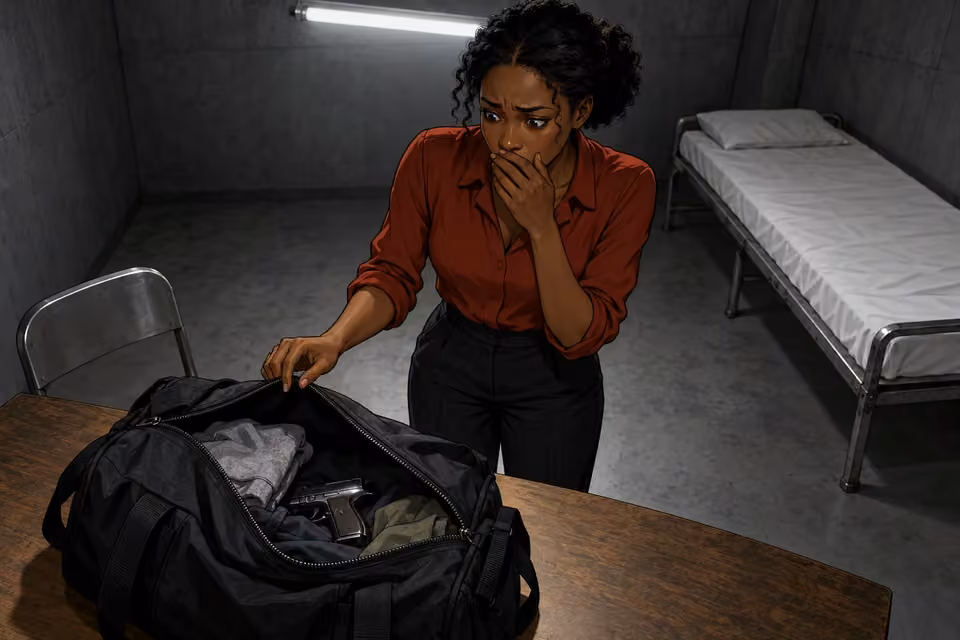 Kemi recoils from the handgun hidden inside the bag.