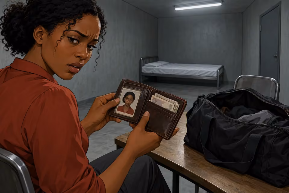 Kemi studies her own identification without recognizing herself.