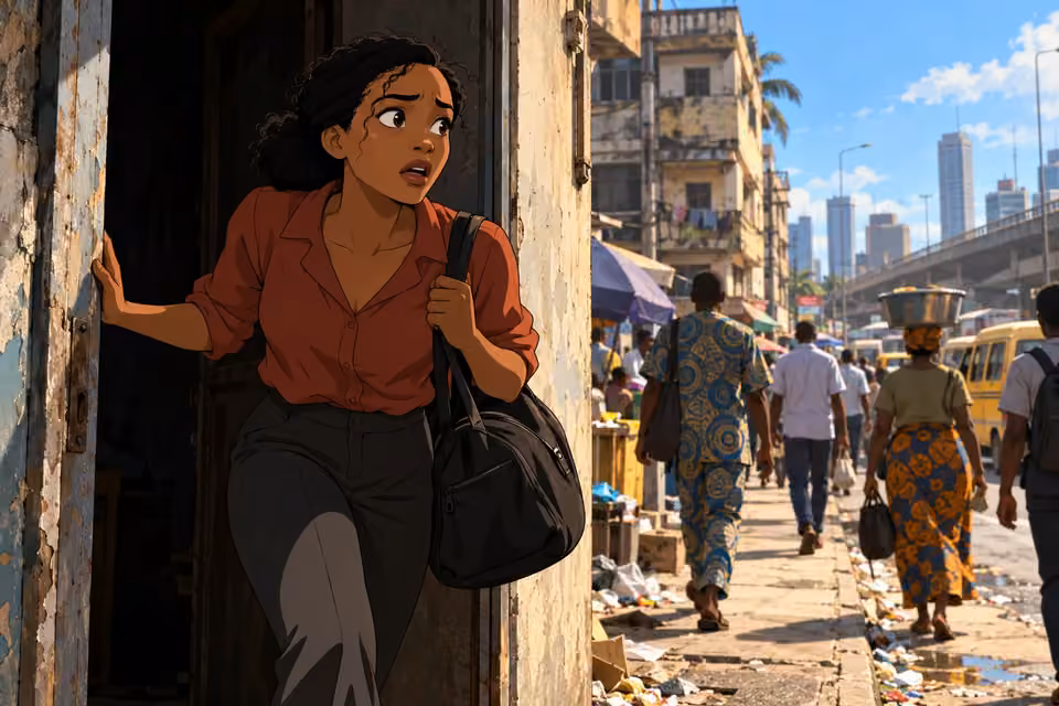 Kemi stumbles out into harsh daylight on a rundown city street.