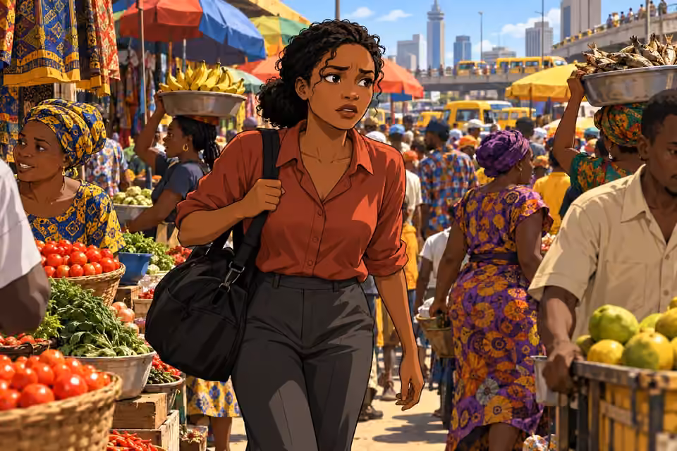 Kemi walks tensely through a sunlit Lagos market crowded with colorful stalls and vendors.