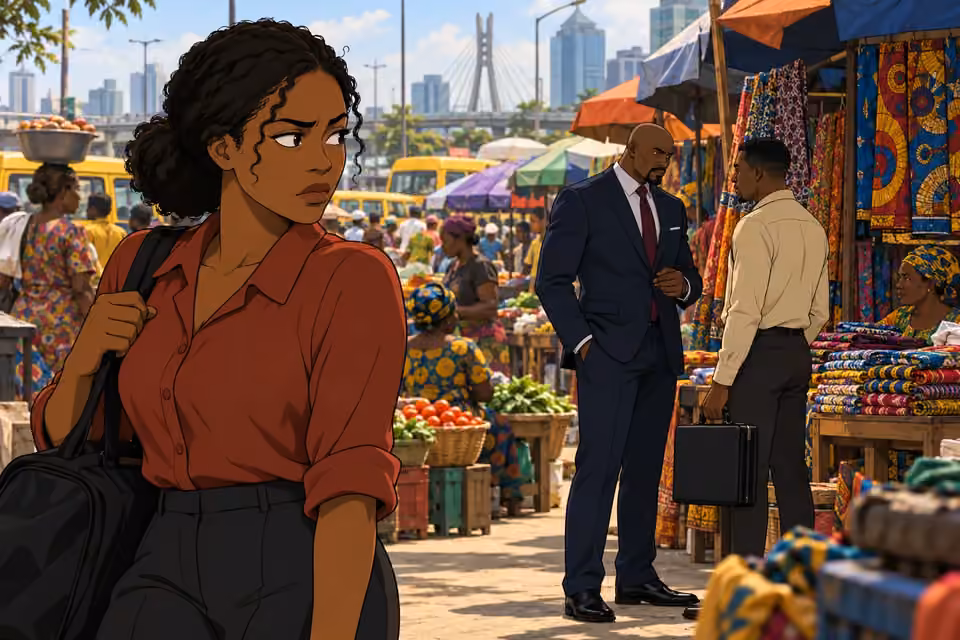 Kemi spots Chike quietly speaking to a younger man beside a stall.