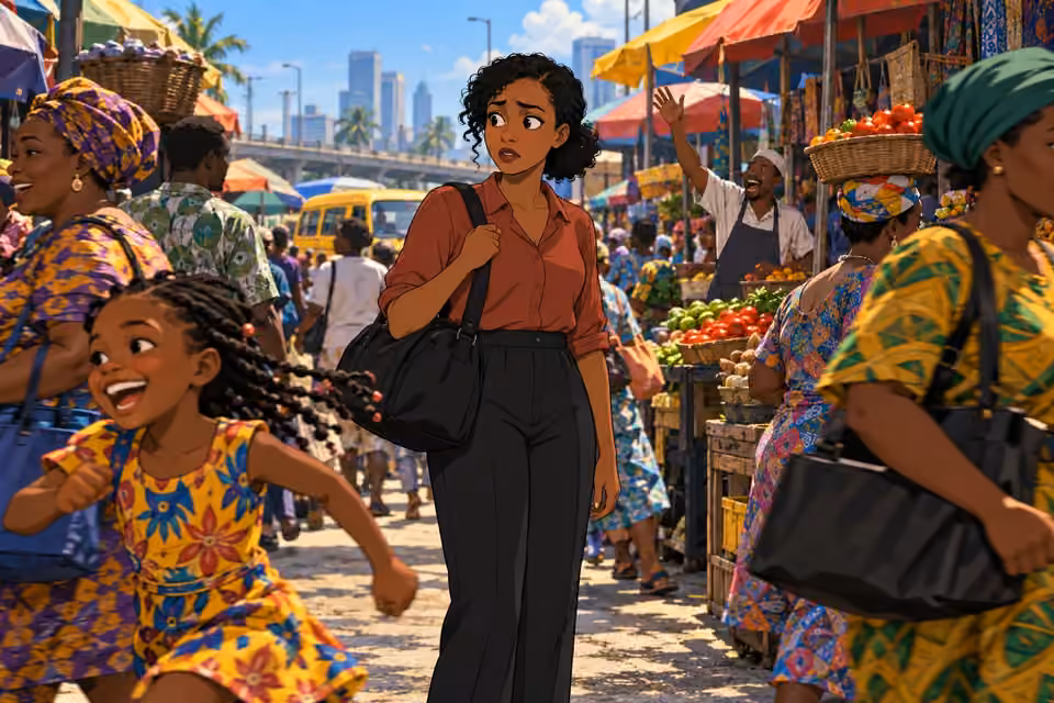 A laughing child passes as Kemi stands overwhelmed in the busy market.