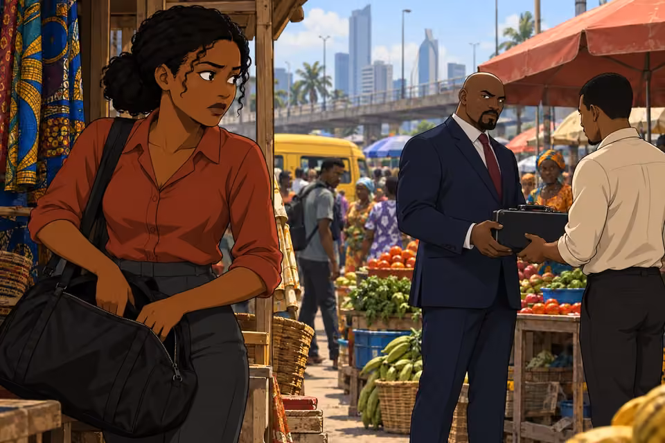 Kemi reaches hesitantly into her bag while Chike receives a briefcase.