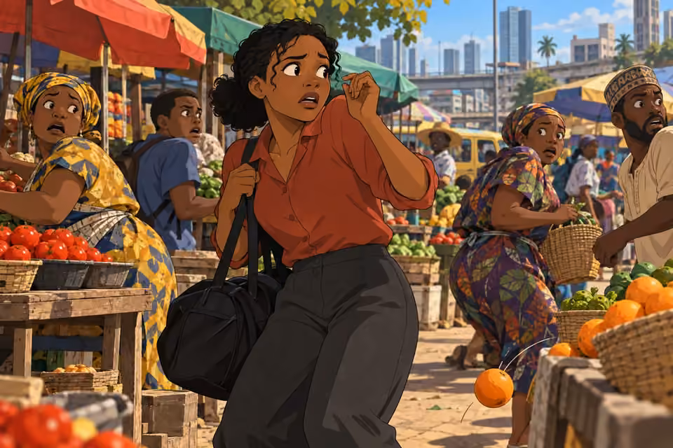 A sudden unseen gunshot startles Kemi and the surrounding shoppers.
