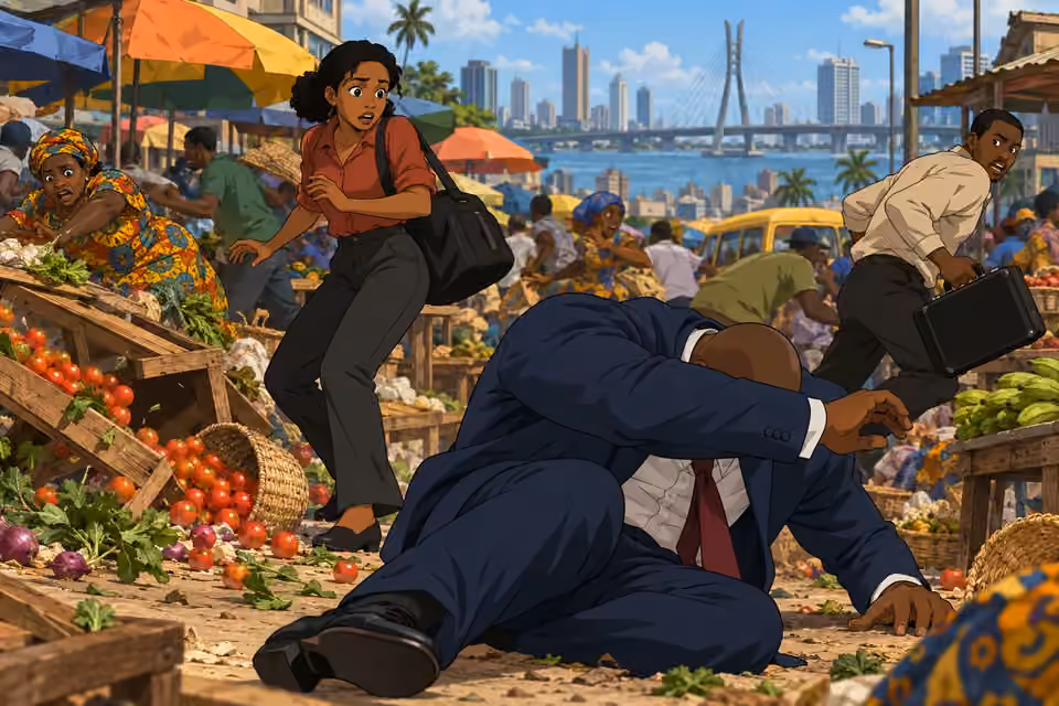 Kemi flinches as Chike collapses in the market and vendors flee.