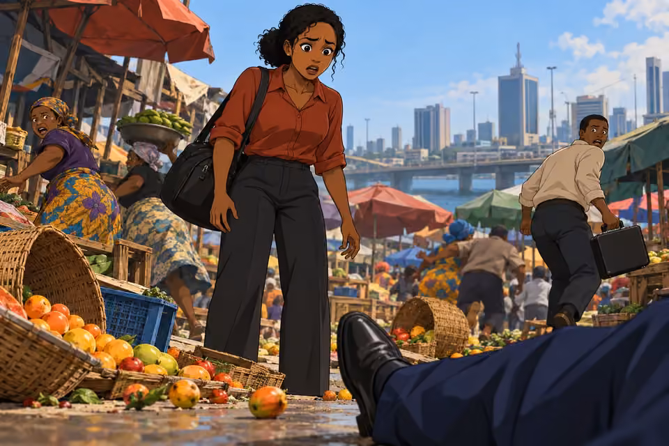 Kemi stands motionless, staring toward Chike on the ground amid scattered produce.