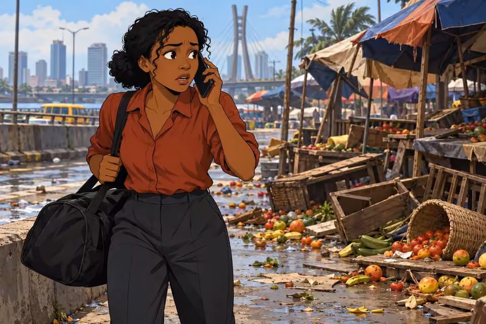 Kemi shakily raises a phone to her ear beside abandoned market stalls.