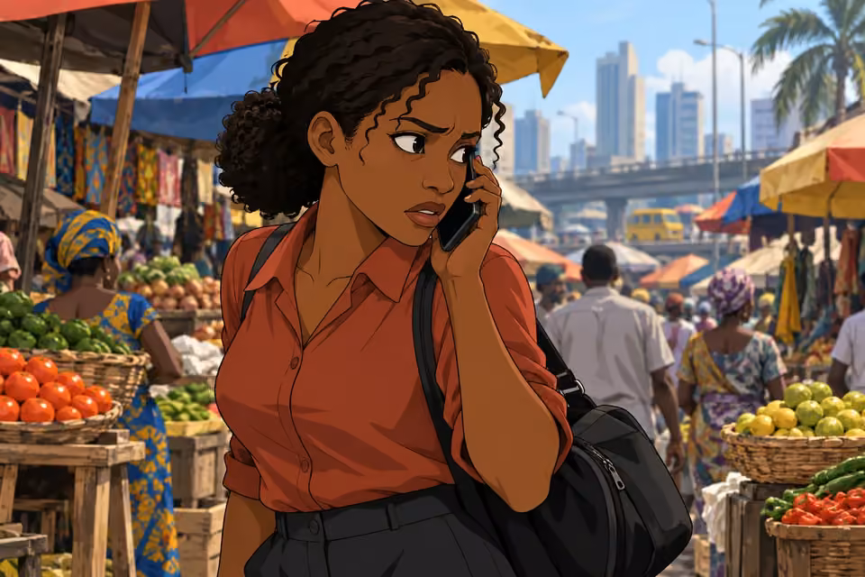 Kemi listens tensely to the unseen caller under colorful market awnings.