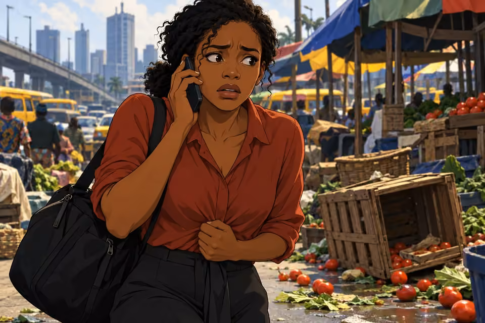 Kemi struggles to answer the caller, clutching her blouse beside an overturned crate.