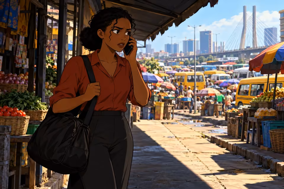 Kemi grips her duffel strap while listening to a deadline on the phone.